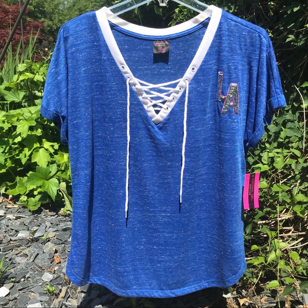 Material Girl Lace up V-neck “LA” Bling T-shirt - Picture 4 of 16